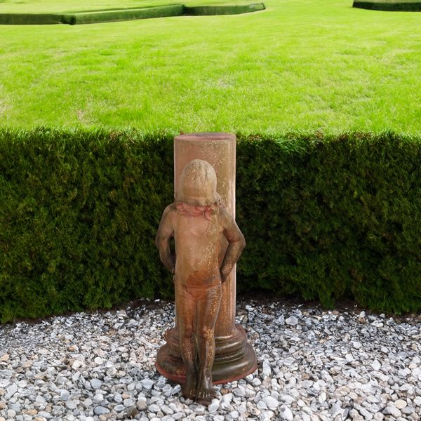 A FAUX TERRACOTTA CHIMNEY POT PLANT POT MODELLED WITH A YOUNG GIRL IN A BONNET