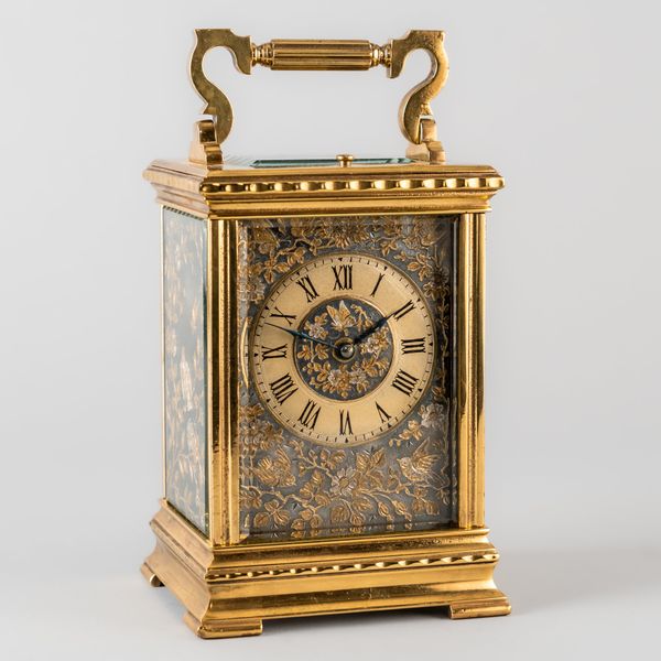 A FRENCH BRASS STRIKING LEVER CARRIAGE CLOCK WITH SHIBAYAMA STYLE DECORATED PANELS