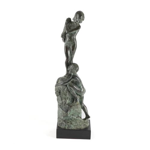 ELIZABETH ANNA CLAP (1885-1974): A BRONZE GROUP OF TWO CHILDREN ROCK CLIMBING