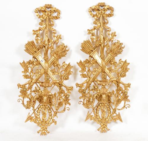 A PAIR OF GILT-WOOD THREE LIGHT WALL APPLIQUÉS (2)
