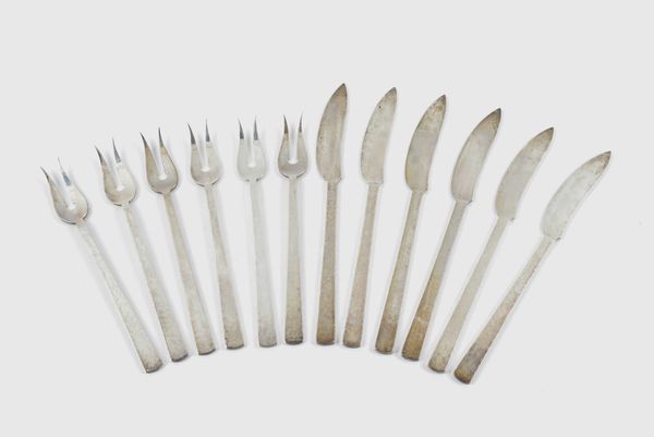 A CHARLES BOYTON SET OF SIX PAIRS OF DESSERT OR FRUIT KNIVES AND FORKS