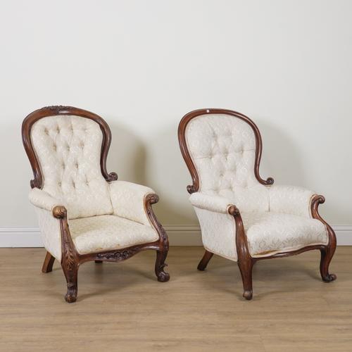 A VICTORIAN MAHOGANY FRAMED ARMCHAIR (2)