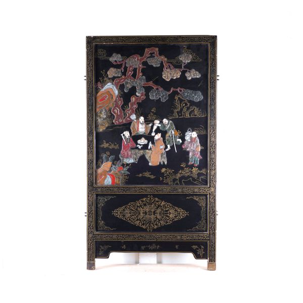 A CHINESE RELIEF CARVED GILTWOOD AND LACQUERED PANEL