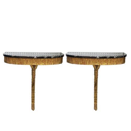 A PAIR OF BLACK MARBLE TOPPED CONSOLE TABLES (2)