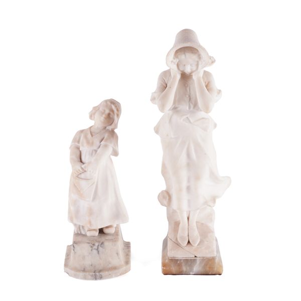 AN ITALIAN CARVED ALABASTER FIGURE OF A GIRL IN A BONNET TOGETHER WITH ANOTHER GIRL (2)