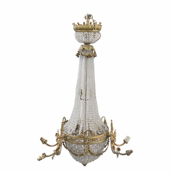 AN EMPIRE STYLE GILT METAL AND GLASS CHANDELIER
