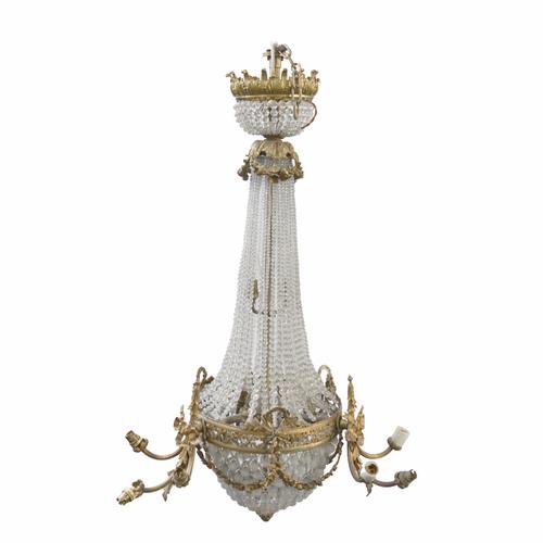 AN EMPIRE STYLE GILT METAL AND GLASS CHANDELIER