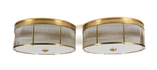 RALPH LAUREN: THREE GILT-METAL AND OPALINE GLASS MOUNTED PLAFFONNIERS OR CEILING LIGHTS (3)