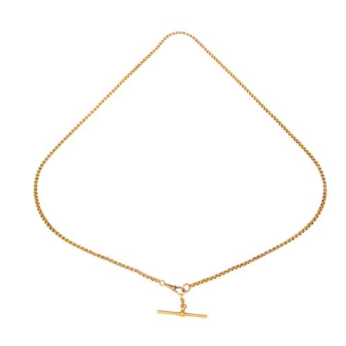 A GOLD LONG CHAIN FITTED WITH A SWIVEL DETAILED 9 CT AND A GOLD T BAR DETAILED 18 CT (2)