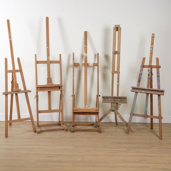 FIVE VARIOUS BEECH ARTIST'S EASELS (5)