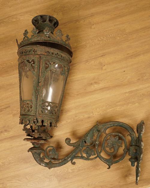 A VICTORIAN STYLE CAST IRON AND SHEET METAL LANTERN OR GASOLIER