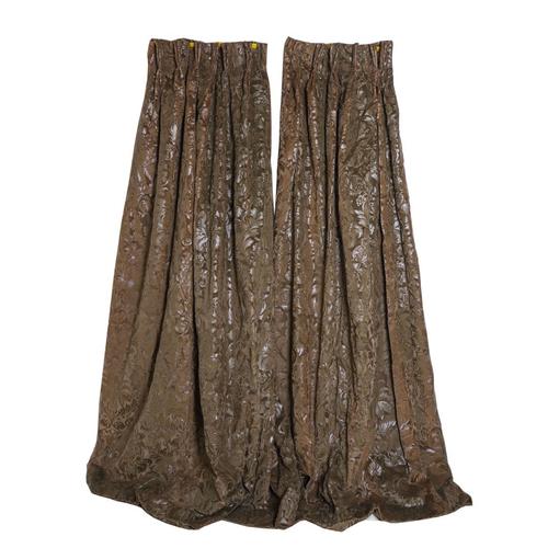 A PAIR OF BROWN JACQUARD CURTAINS (2)
