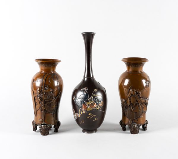 TWO SIMILAR JAPANESE PATINATED SPELTER VASES