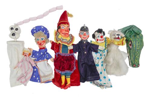 A SET OF POYLYCHROME WOOD AND FABRIC PUNCH AND JUDY PUPPETS (10)