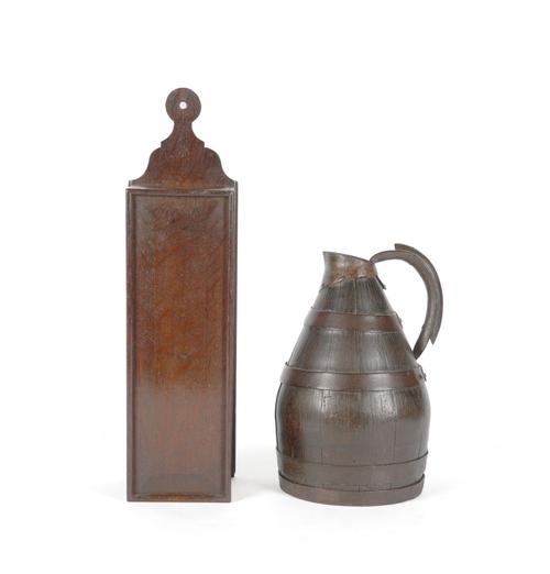 AN OAK CANDLE BOX AND A COOPERED JUG (2)