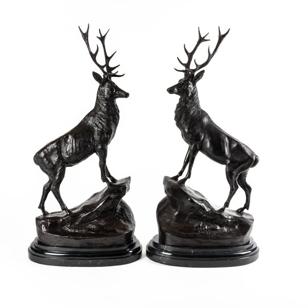 AFTER JULES MOIGNIEZ (FRENCH 1835-1894): A PAIR OF BRONZE EFFECT CAST METAL STAGS (2)