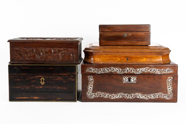 A VICTORIAN BRASS MOUNTED COROMANDEL JEWELLERY BOX AND A MOTHER-OF-PEARL INLAID ROSEWOOD WRITING BOX (5)