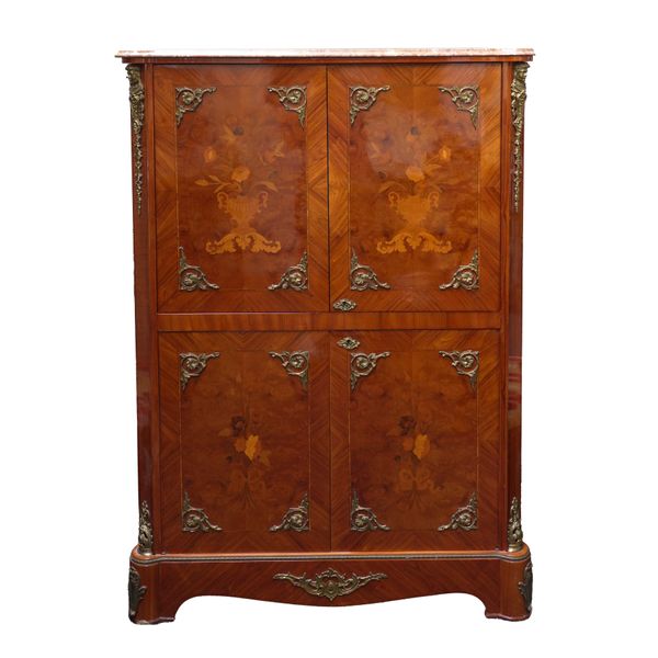 AN 18TH CENTURY FRENCH STYLE MARBLE TOPPED GILT METAL MOUNTED MARQUETRY INLAID WALNUT SIDE/ TELEVISION CABINET
