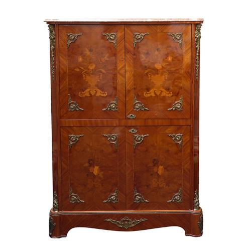 AN 18TH CENTURY FRENCH STYLE MARBLE TOPPED GILT METAL MOUNTED MARQUETRY INLAID WALNUT SIDE/ TELEVISION CABINET
