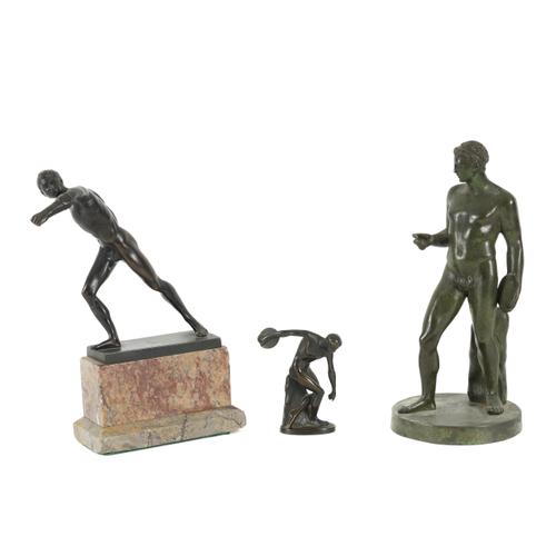 OF GRAND TOUR INTEREST: AN ITALIAN PATINATED BRONZE FIGURE OF A DISCUS THROWER, A FIGURE OF AN ATHELETE AND A SMALL MODEL OF A DISCUS THROWER (3)