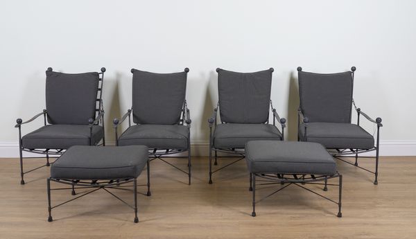 A SET OF FOUR BLACK PAINTED STRAP IRON FOLDING CHAIRS (6)