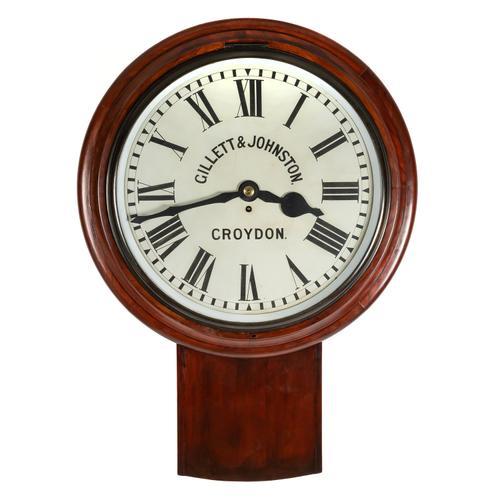 A LARGE MAHOGANY DROP-DIAL WALL CLOCK
