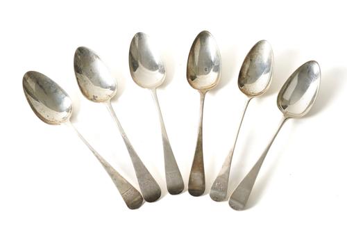 SIX SILVER OLD ENGLISH PATTERN TABLESPOONS (6)