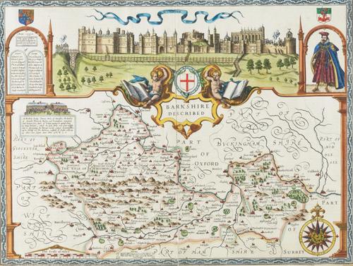 SPEED, John (1552-1629). Barkshire Described, [London: 1629 or later], hand-coloured engraved map of Berkshire, title within baroque cartouche, panoramic view of Windsor Castle at the top, 380 x 510mm., framed and glazed. A FINE COPY.