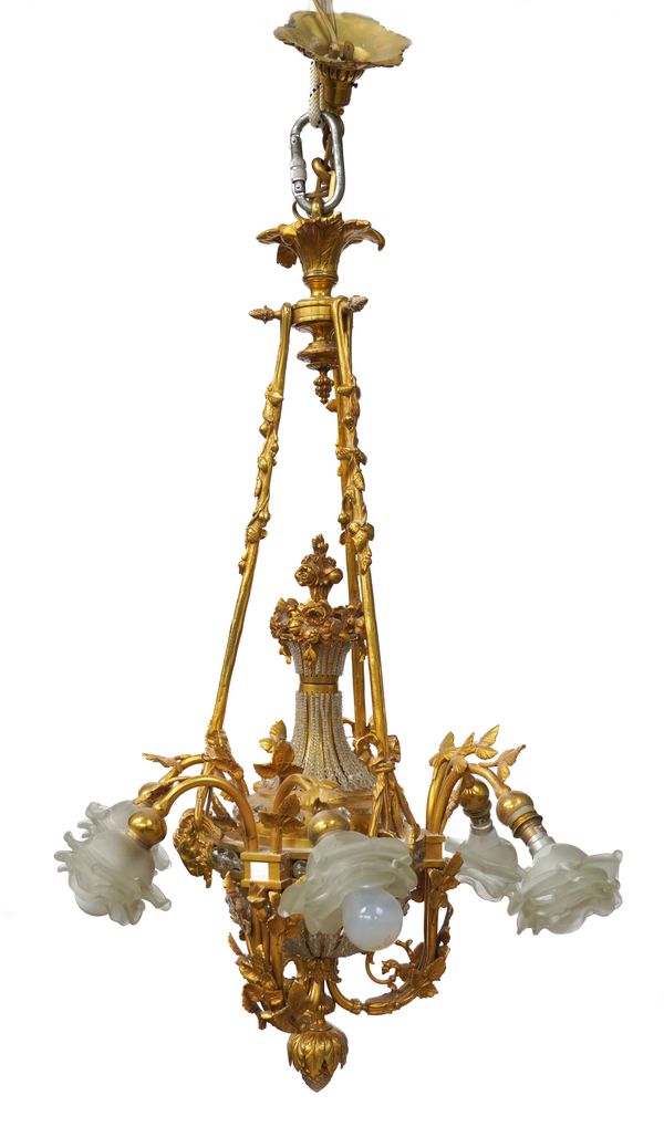 A LOUIS XV REVIVAL STYLE GILT-METAL AND GLASS STRUNG SIX BRANCH CHANDELIER
