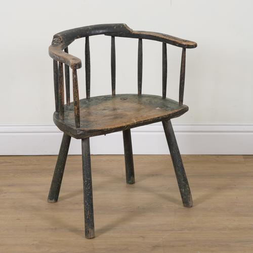 A 19TH CENTURY GREEN PAINTED ASH AND ELM PRIMITIVE STICK BACK ARMCHAIR
