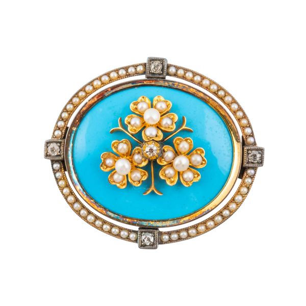 A FLORAL PEARL, DIAMOND AND TURQUOISE  BROOCH