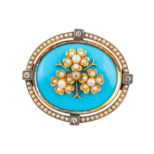 A FLORAL PEARL, DIAMOND AND TURQUOISE  BROOCH