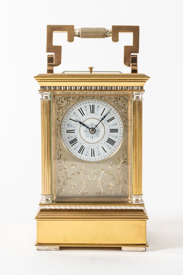 A VERY RARE FRENCH GILT-BRASS AND SILVERED STRIKING, REPEATING AND WESTMINSTER-CHIMING ON BELLS PETITE SONNERIE CARRIAGE CLOCK