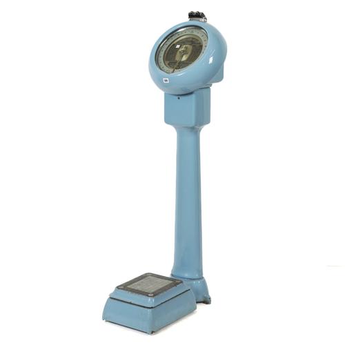 W & T AVERY LTD, BIRMINGHAM, ENGLAND: A BLUE ENAMEL COIN OPERATED 'WATCH YOUR WEIGHT'  FLOOR STANDING SCALES