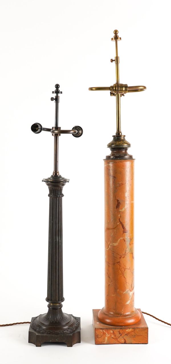 A FRENCH FAUX ROSSO VERONA MARBLE TOLE PIENTE COLUMN TABLE LAMP AND A BRONZE PATINATED FLUTED COLUMN TABLE LAMP (2)
