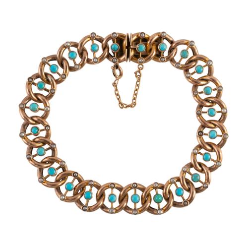 A TURQUOISE AND SEED PEARL SET CURB LINK BRACELET