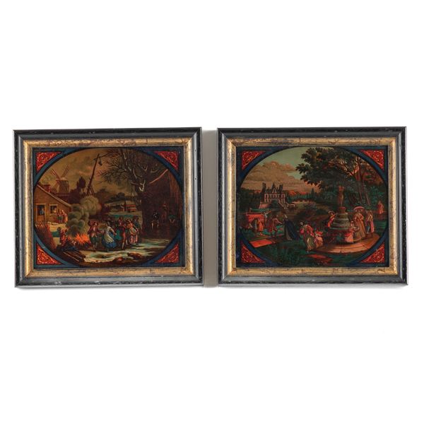 TWO CHINOISERIE GILT DECORATED PANELS AND TWO REVERSE GLASS PICTURES (4)