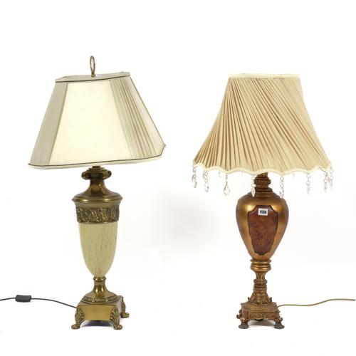 A GILT-METAL AND LAQUERED URN-SHAPED TABLE LIGHT TOGETHER WITH A GILT-COMPOSTION EXAMPLE (2)