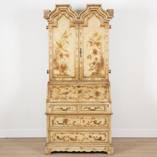 A GEORGE III STYLE WHITE AND GILT JAPANNED BUREAU CABINET