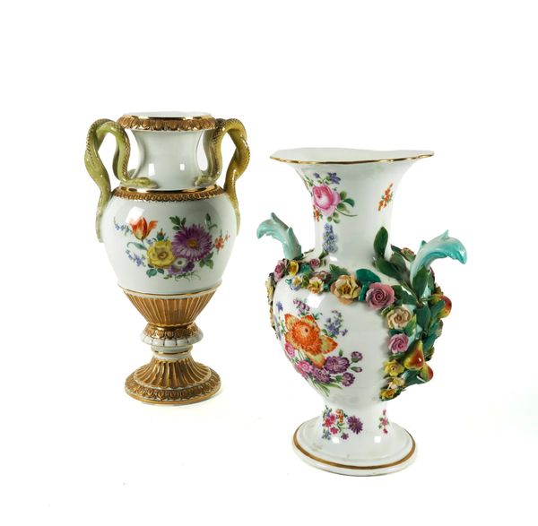 TWO MEISSEN PORCELAIN TWO-HANDLED VASES (2)