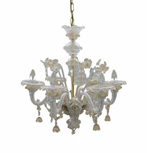 A VENETIAN MURANO GILT FLECK GLASS SIX LIGHT CHANDELIER