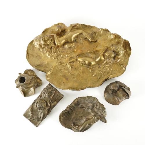 AN ART NOUVEAU GILT-BRONZE MARINE THEMED DESK SET  (5)