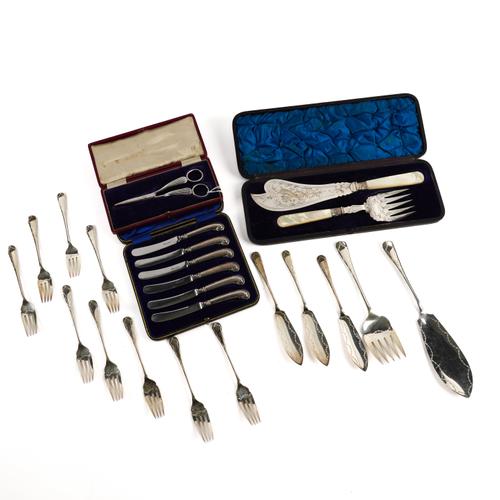 A SILVER BUTTER KNIFE, A SILVER PICKLE FORK AND A GROUP OF MOSTLY PLATED FLATWARE