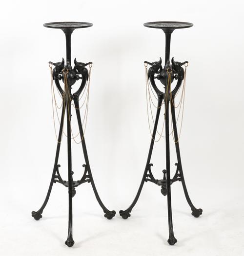 A PAIR OF ETRUSCAN STYLE PATINATED METAL TORCHERES (2)