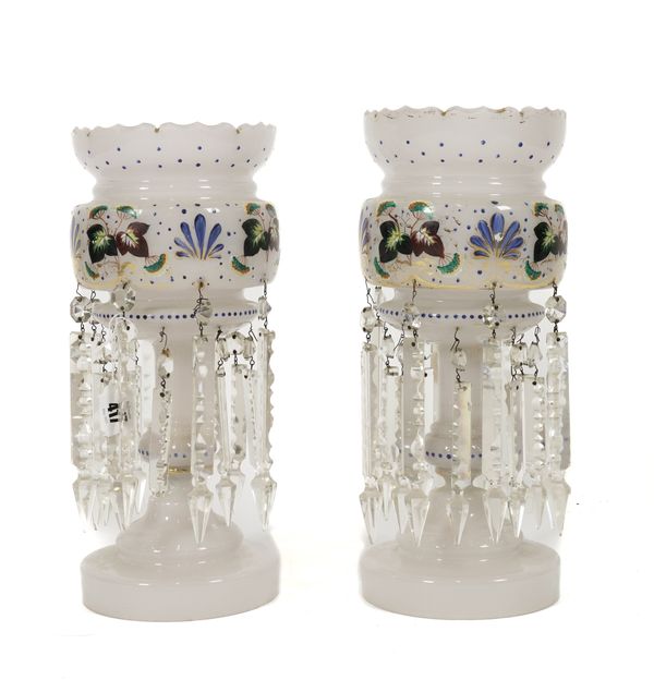 A PAIR OF VICTORIAN GILT-HEIGHTENED AND ENAMEL DECORATED OPALINE GLASS TABLE LUSTRES (2)