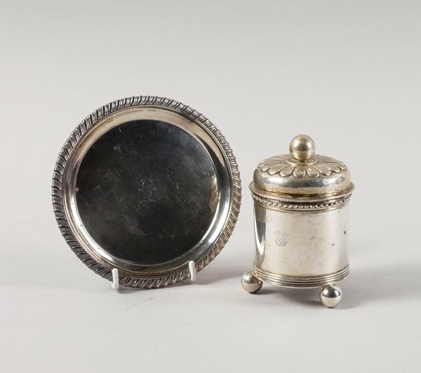 A SILVER MOUNTED TEAPOT STAND AND A SILVER SMALL TEA CADDY (2)