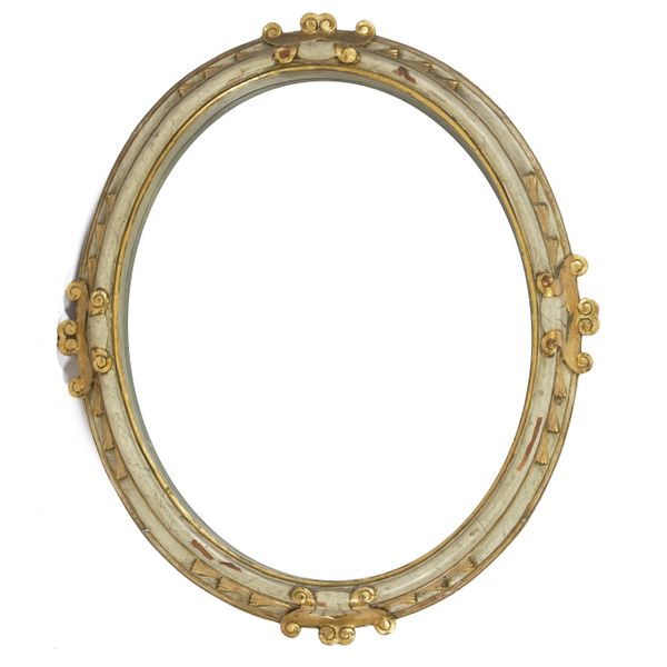 A 19TH CENTURY ITALIAN PARCEL GILT GREY PAINTED OVAL WALL MIRROR