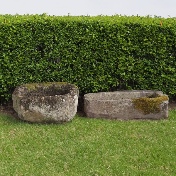 A SMALL CARVED RECTANGULAR LIMESTONE TROUGH (2)