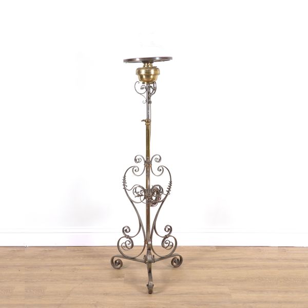 A LATE VICTORIAN SILVERED METAL AND BRASS MOUNTED FLOOR STANDING LIGHT