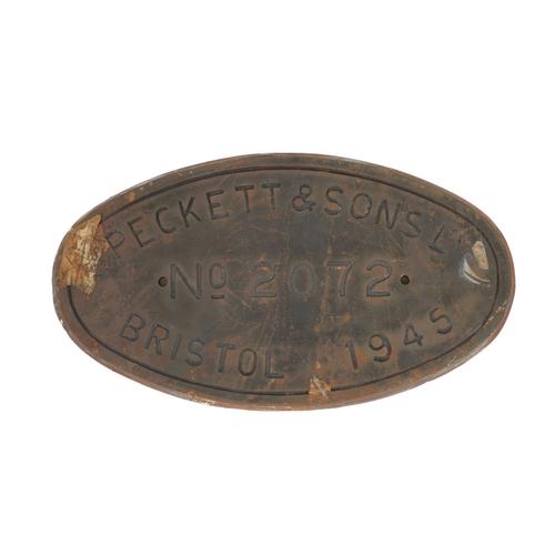 RAILWAY INTEREST, A LOCOMOTIVE WORKS NUMBERPLATE FOR BECKETT & SONS LTD, 1945, NO.2072, BRISTOL